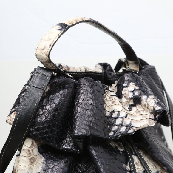 LUXURY Silvano Bagini Python Leather Drawstring Bucket Bag Handbag Black White - Picture 10 of 16